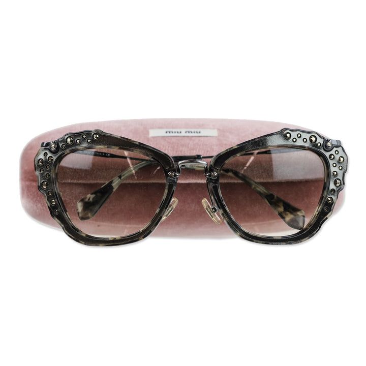 Miu Miu 2016 Gunmetal Grey Tortoise Crystal Cat-Eye Sunglasses