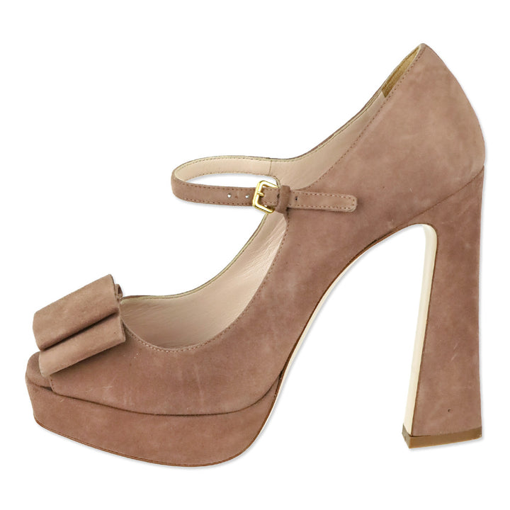 Miu Miu Mauve Suede Mary Jane Bow Peep Platform Pumps