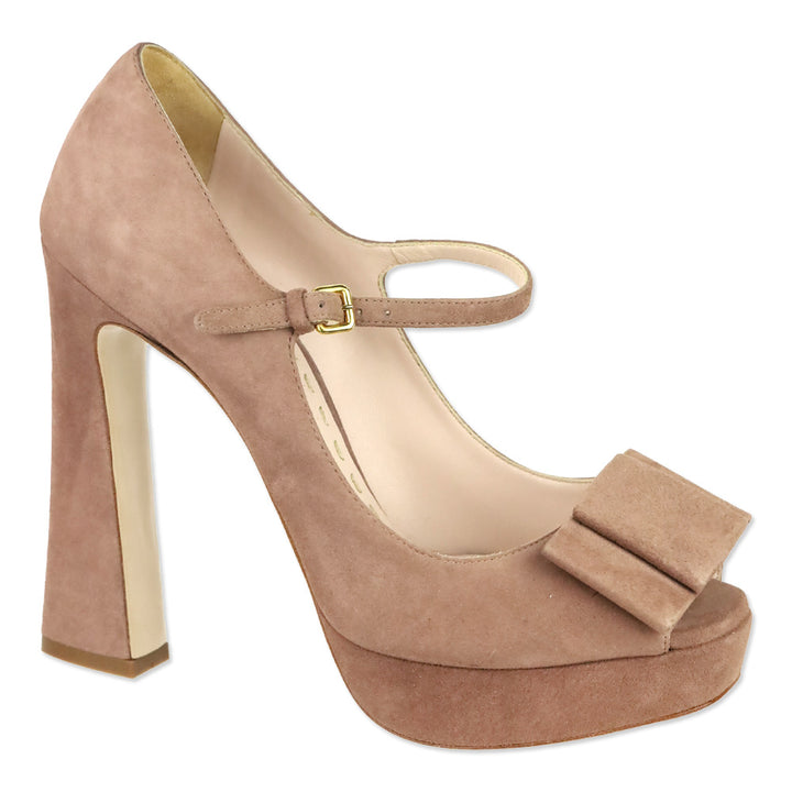 Miu Miu Mauve Suede Mary Jane Bow Peep Platform Pumps
