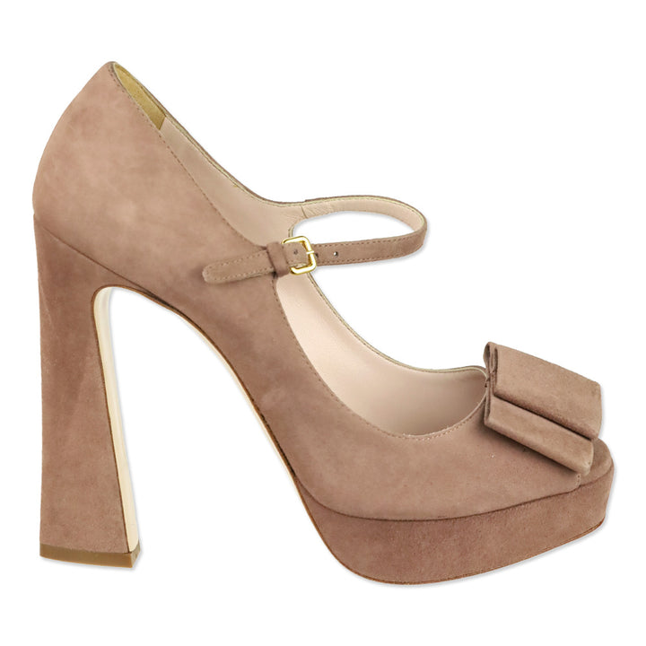 Miu Miu Mauve Suede Mary Jane Bow Peep Platform Pumps