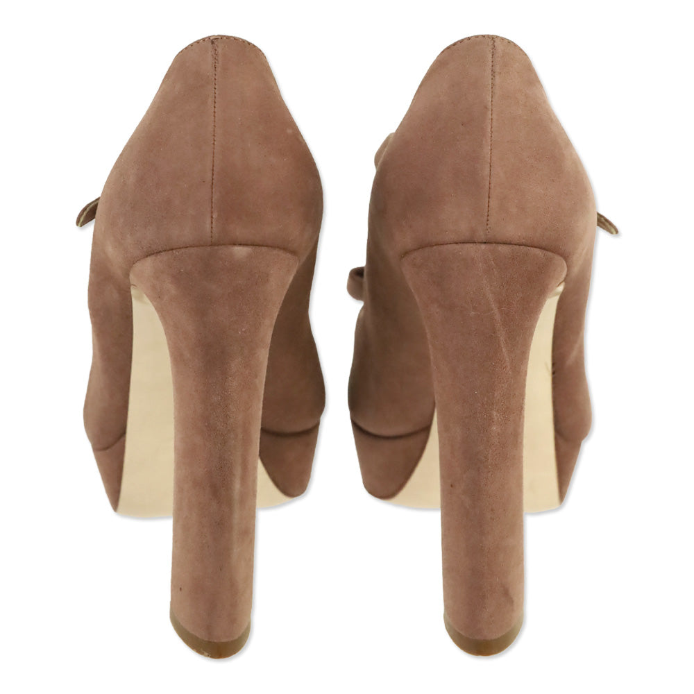 Miu Miu Mauve Suede Mary Jane Bow Peep Platform Pumps