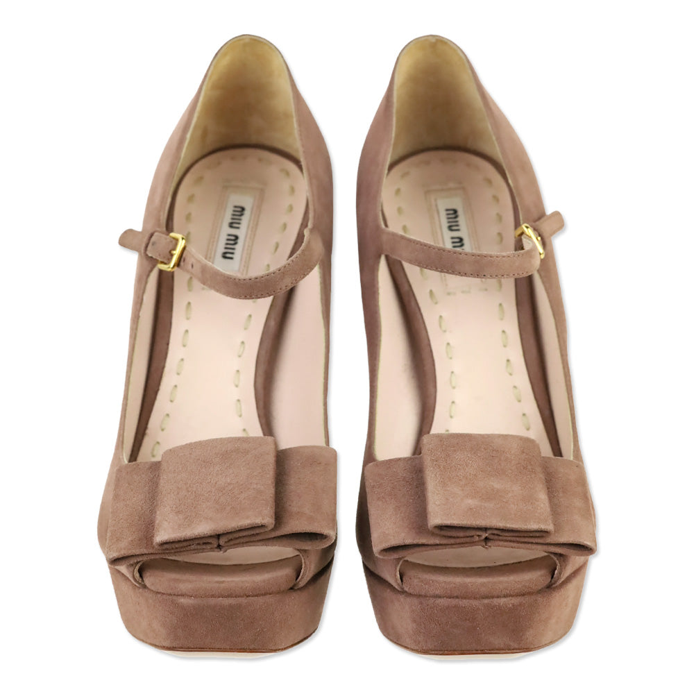 Miu Miu Mauve Suede Mary Jane Bow Peep Platform Pumps