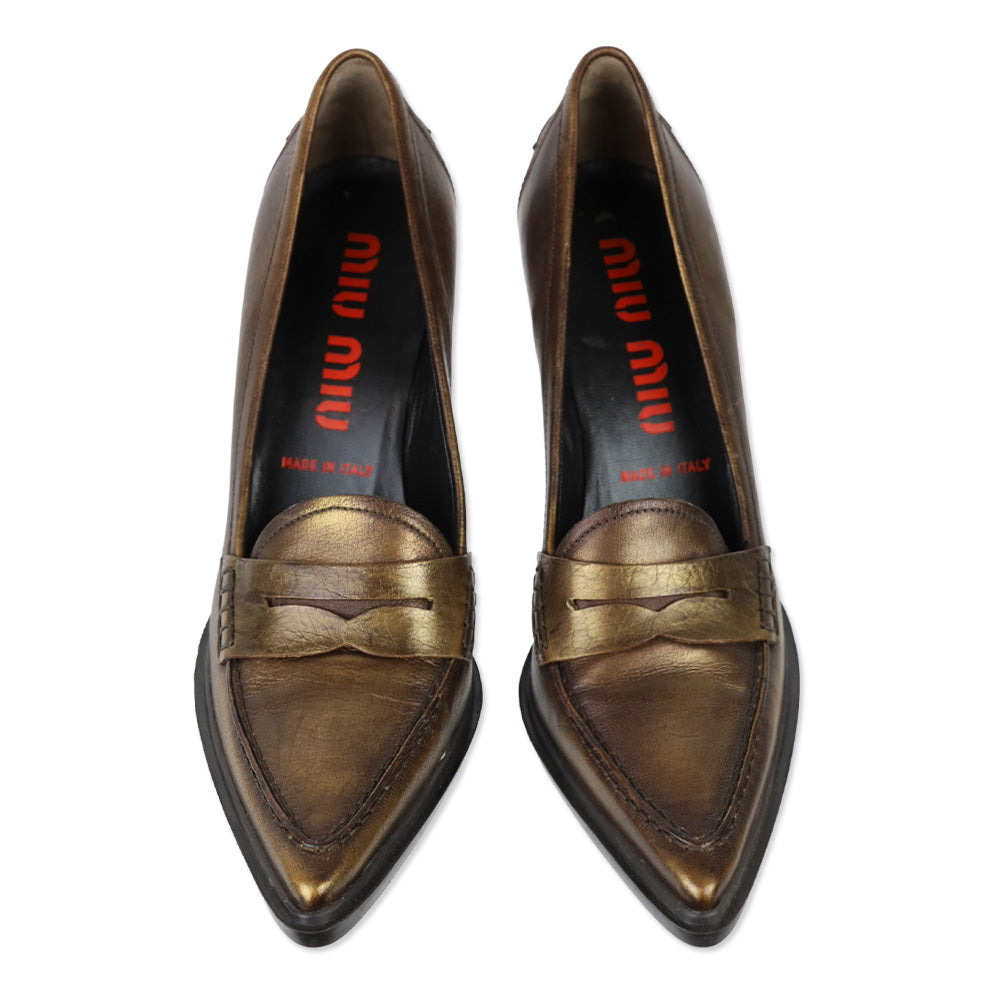 Miu Miu Metallic Gold Penny Loafer Pump