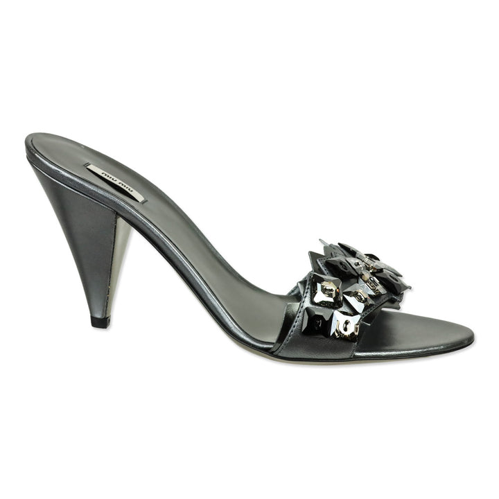 Miu Miu Metallic Gunmetal Leather Crystal Accented Mule Sandal