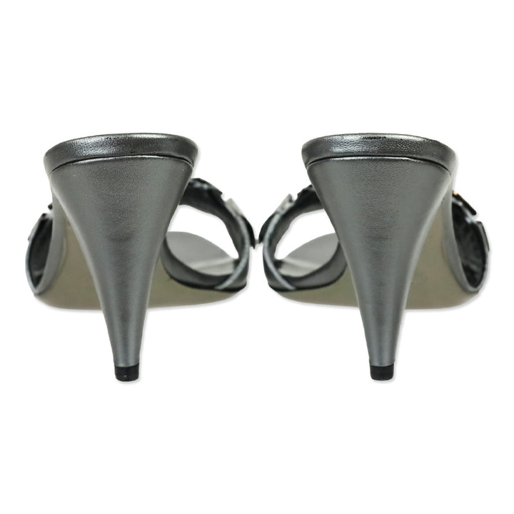 Miu Miu Metallic Gunmetal Leather Crystal Accented Mule Sandal