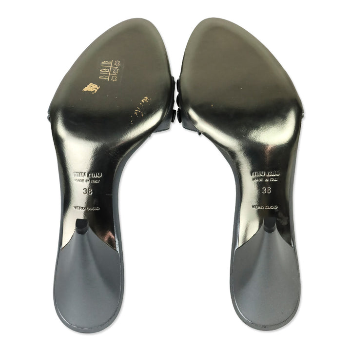 Miu Miu Metallic Gunmetal Leather Crystal Accented Mule Sandal
