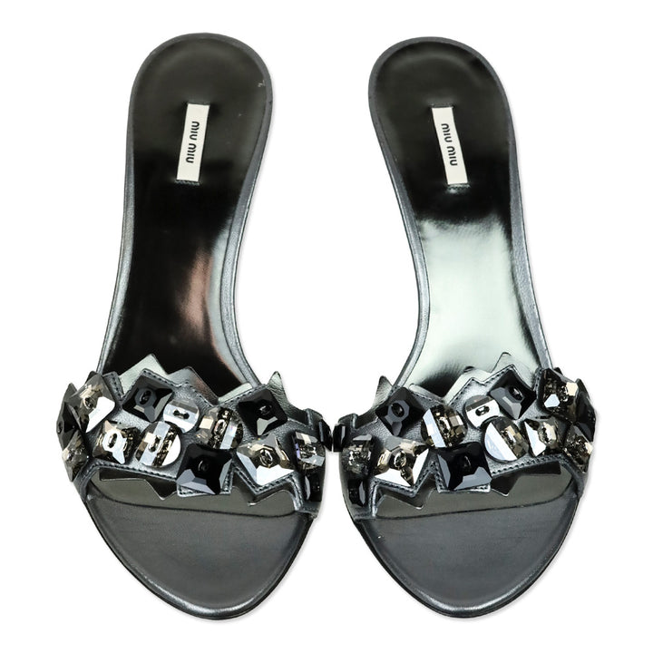 Miu Miu Metallic Gunmetal Leather Crystal Accented Mule Sandal