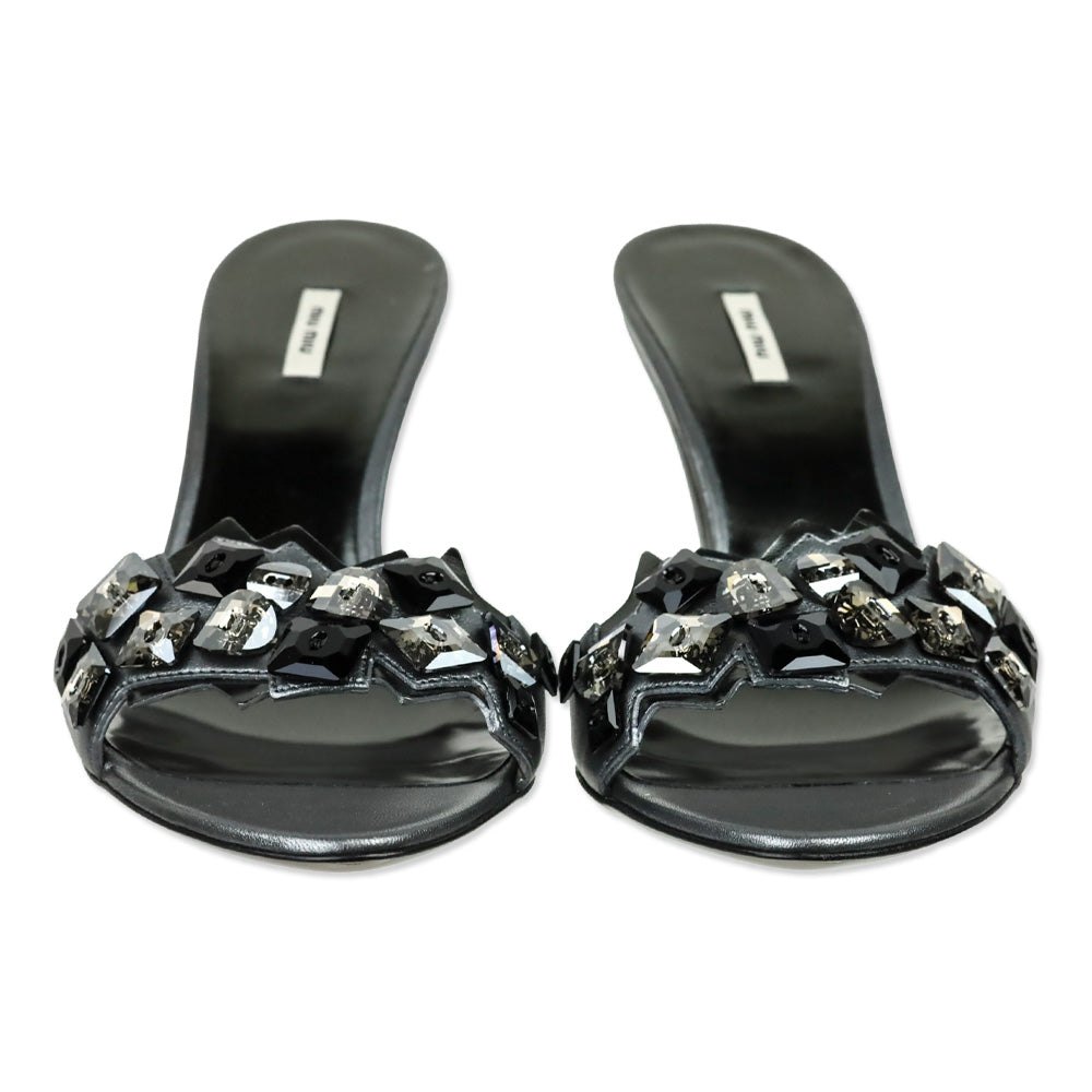 Miu Miu Metallic Gunmetal Leather Crystal Accented Mule Sandal