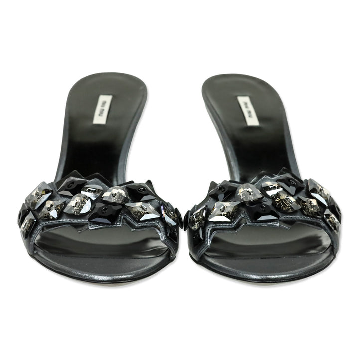 Miu Miu Metallic Gunmetal Leather Crystal Accented Mule Sandal