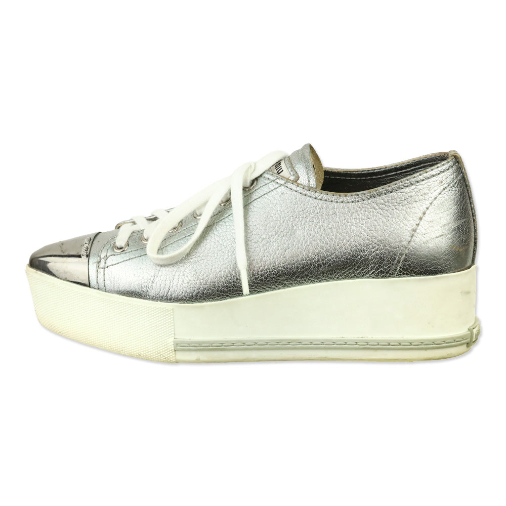 Miu Miu Metallic Silver Leather Pointed Metal Cap Toe Platform Sneakers