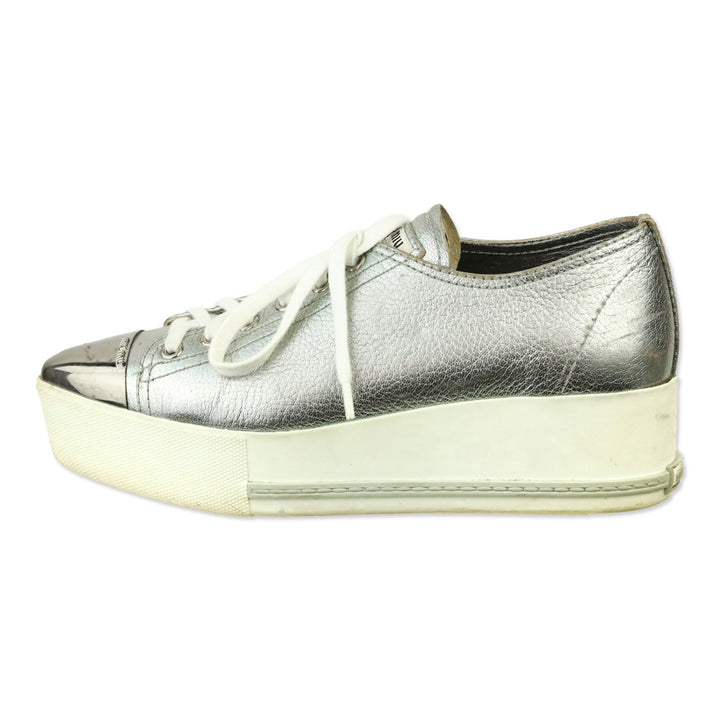 Miu Miu Metallic Silver Leather Pointed Metal Cap Toe Platform Sneakers