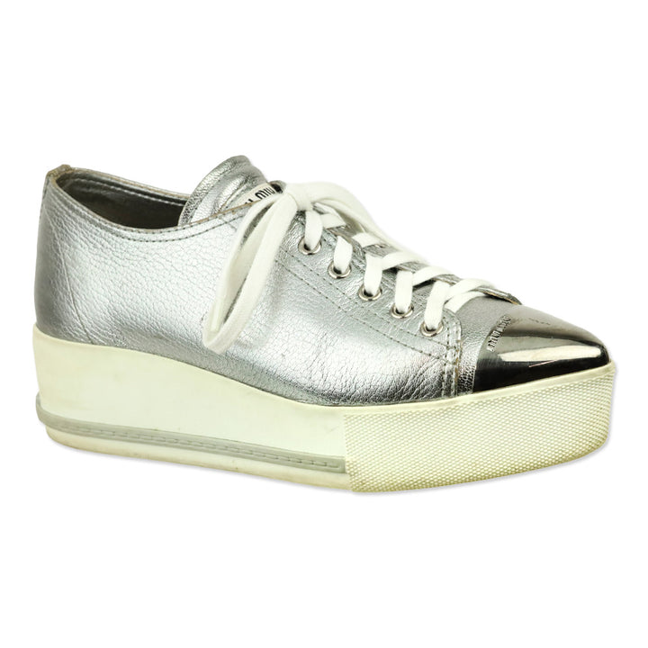 Miu Miu Metallic Silver Leather Pointed Metal Cap Toe Platform Sneakers