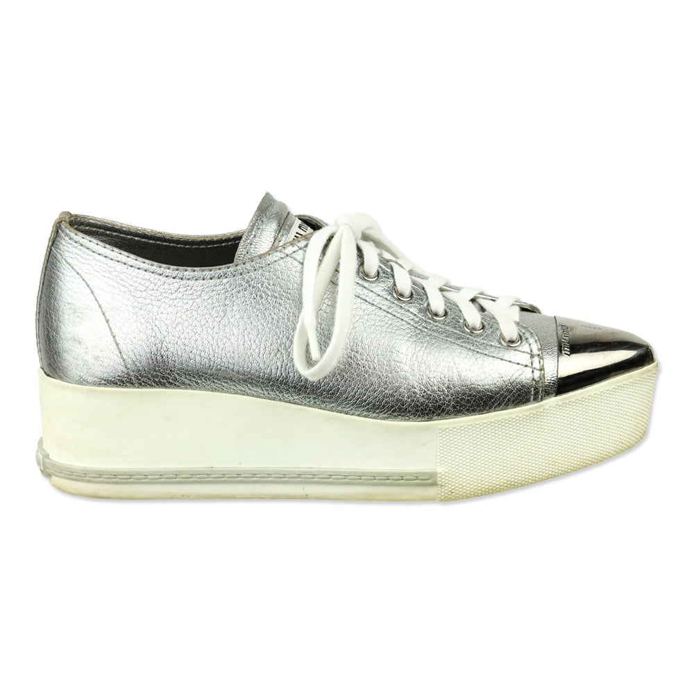 Miu Miu Metallic Silver Leather Pointed Metal Cap Toe Platform Sneakers