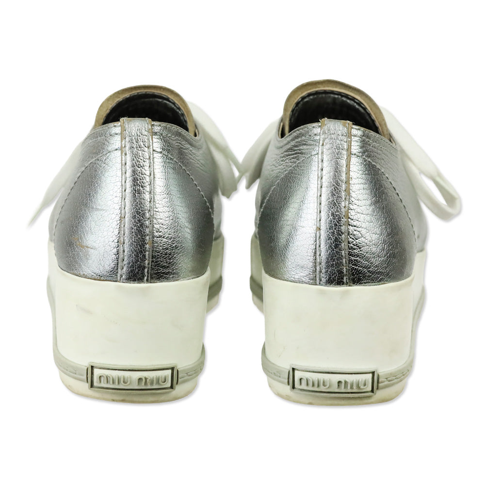 Miu Miu Metallic Silver Leather Pointed Metal Cap Toe Platform Sneakers