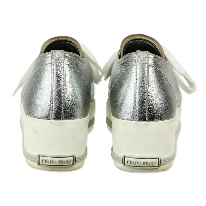 Miu Miu Metallic Silver Leather Pointed Metal Cap Toe Platform Sneakers