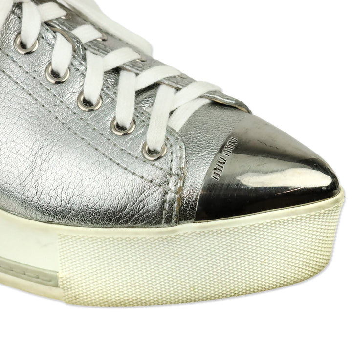 Miu Miu Metallic Silver Leather Pointed Metal Cap Toe Platform Sneakers