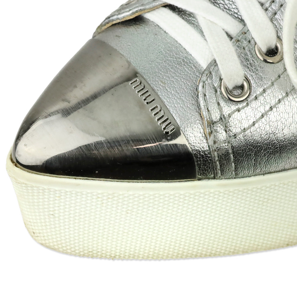 Miu Miu Metallic Silver Leather Pointed Metal Cap Toe Platform Sneakers