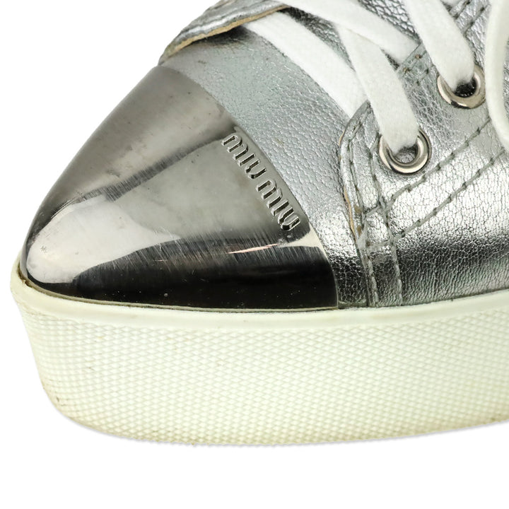 Miu Miu Metallic Silver Leather Pointed Metal Cap Toe Platform Sneakers