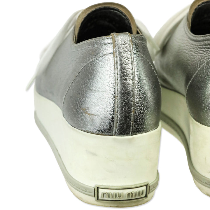Miu Miu Metallic Silver Leather Pointed Metal Cap Toe Platform Sneakers
