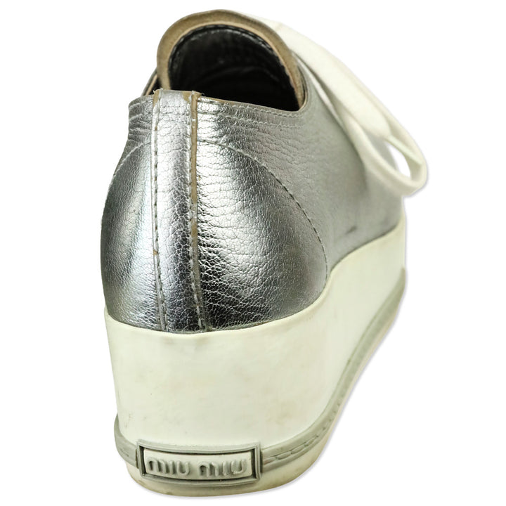 Miu Miu Metallic Silver Leather Pointed Metal Cap Toe Platform Sneakers