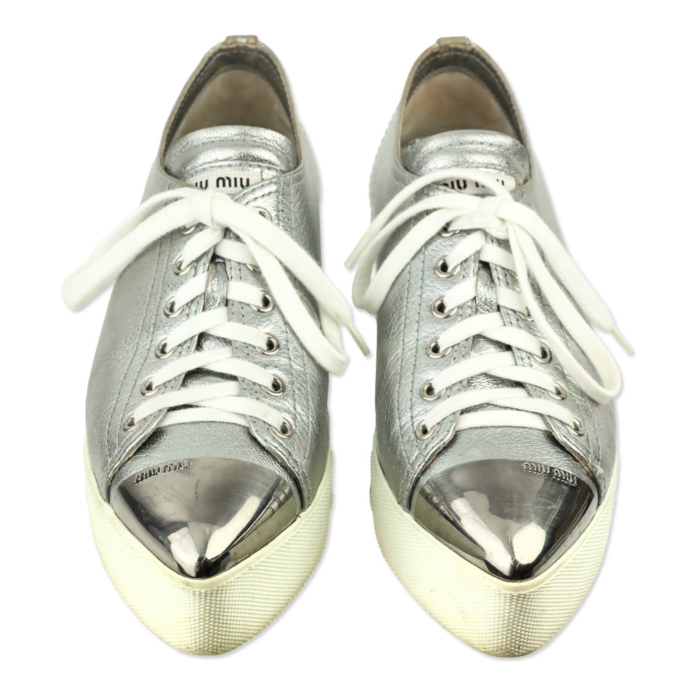 Miu Miu Metallic Silver Leather Pointed Metal Cap Toe Platform Sneakers