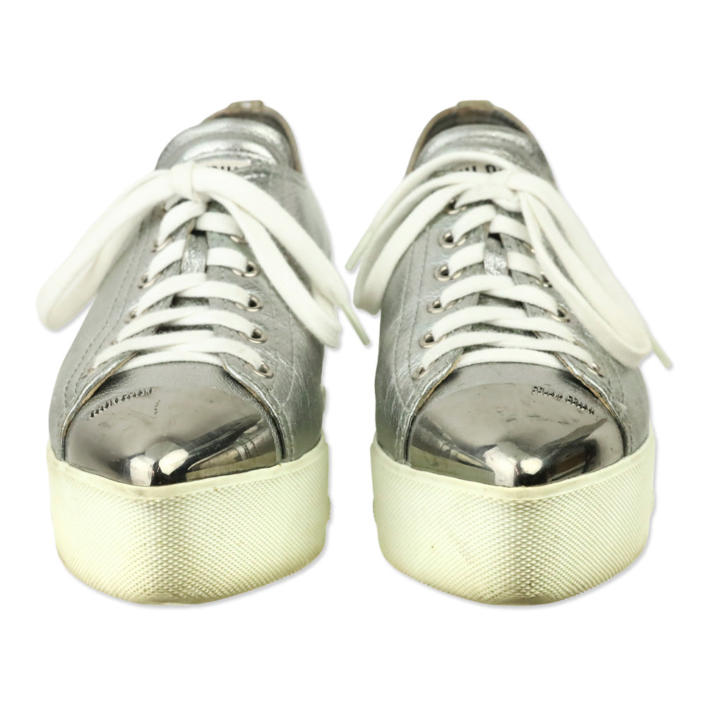 Miu Miu Metallic Silver Leather Pointed Metal Cap Toe Platform Sneakers