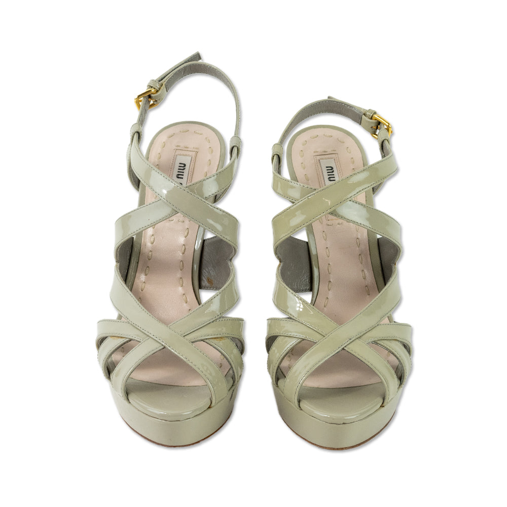 Miu Miu Moss Green Patent Leather Ankle Strap Platform Sandals