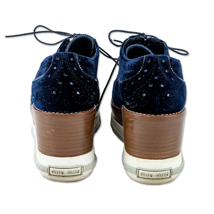 Miu Miu Navy Velvet Wingtip Wedge Platform Oxford Shoes