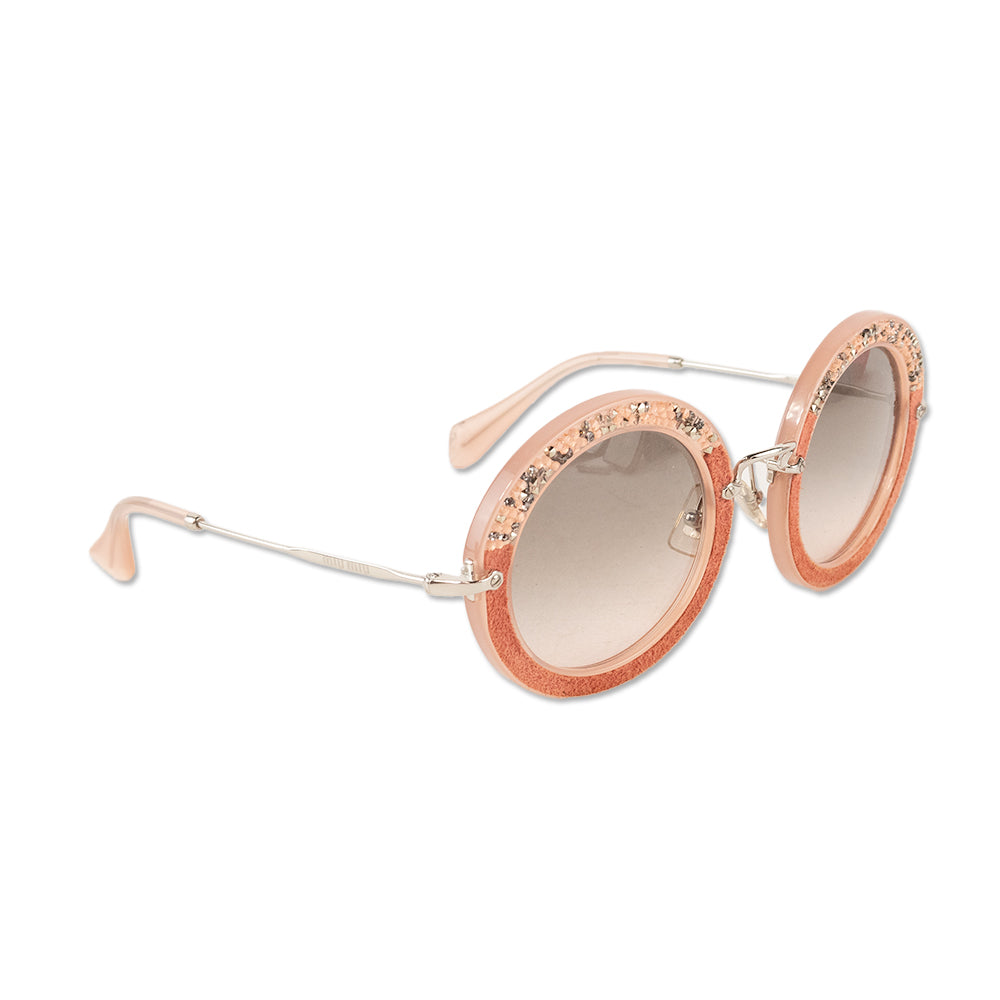 Miu Miu Pink Circle Sunglasses with Suede and Studs