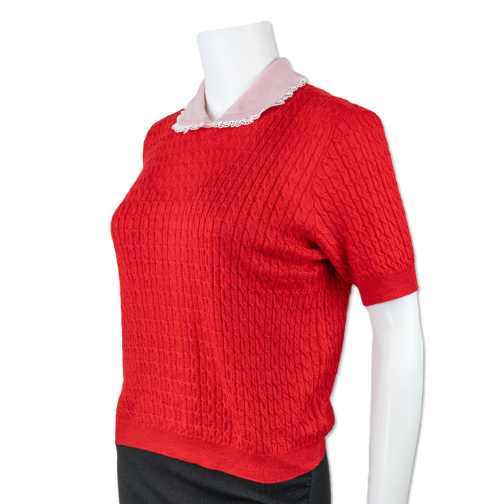 Miu Miu Red Cable Knit Tee with a Lace Trimmed Collar