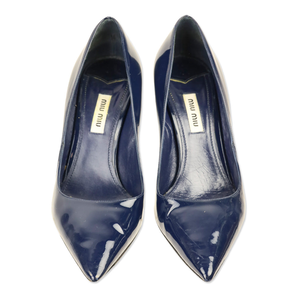 Miu Miu Royal Blue Vernice Leather Pointed Toe Pumps