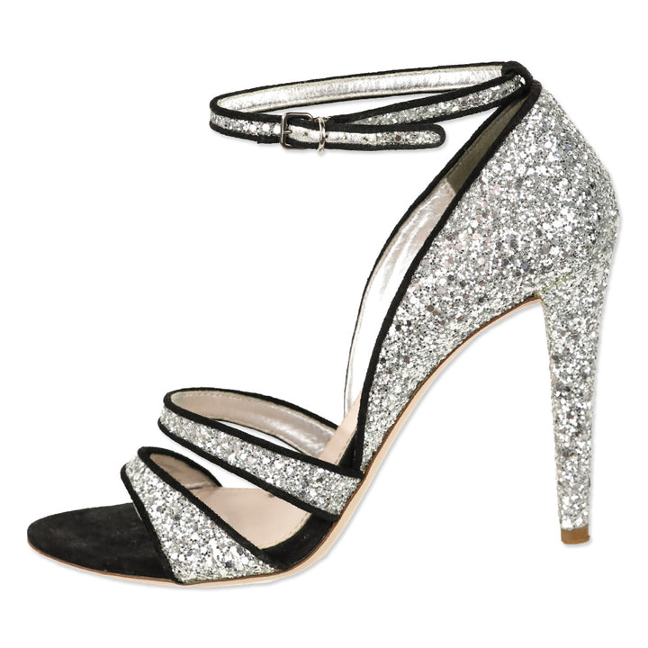 Miu Miu Silver Coarse Glitter/Black Suede Trim Ankle-Strap Sandal