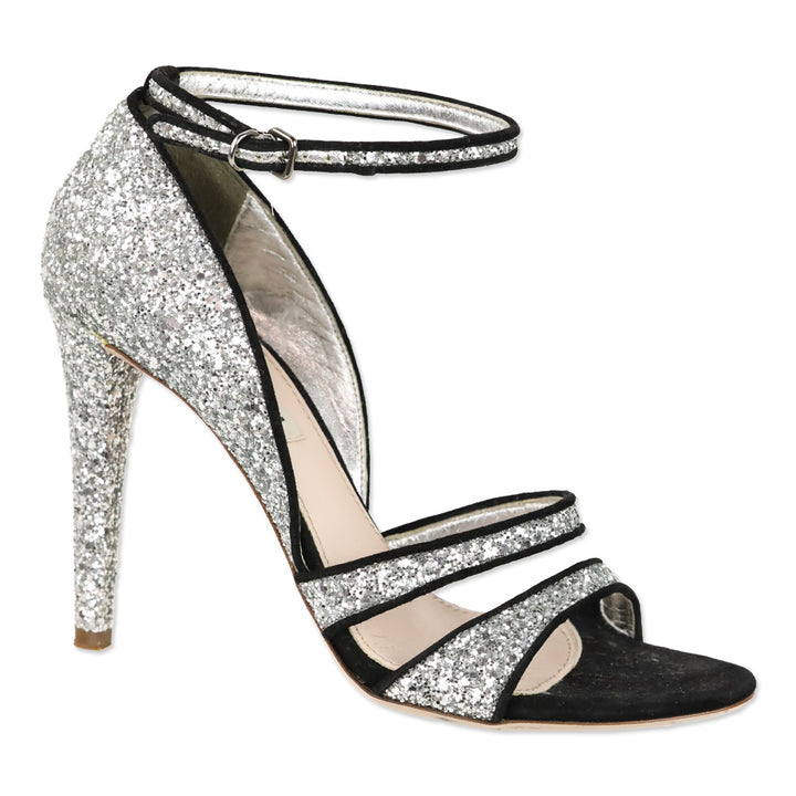 Miu Miu Silver Coarse Glitter/Black Suede Trim Ankle-Strap Sandal