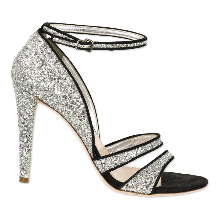 Miu Miu Silver Coarse Glitter/Black Suede Trim Ankle-Strap Sandal