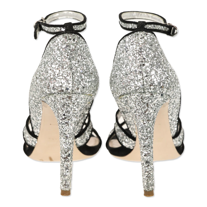 Miu Miu Silver Coarse Glitter/Black Suede Trim Ankle-Strap Sandal
