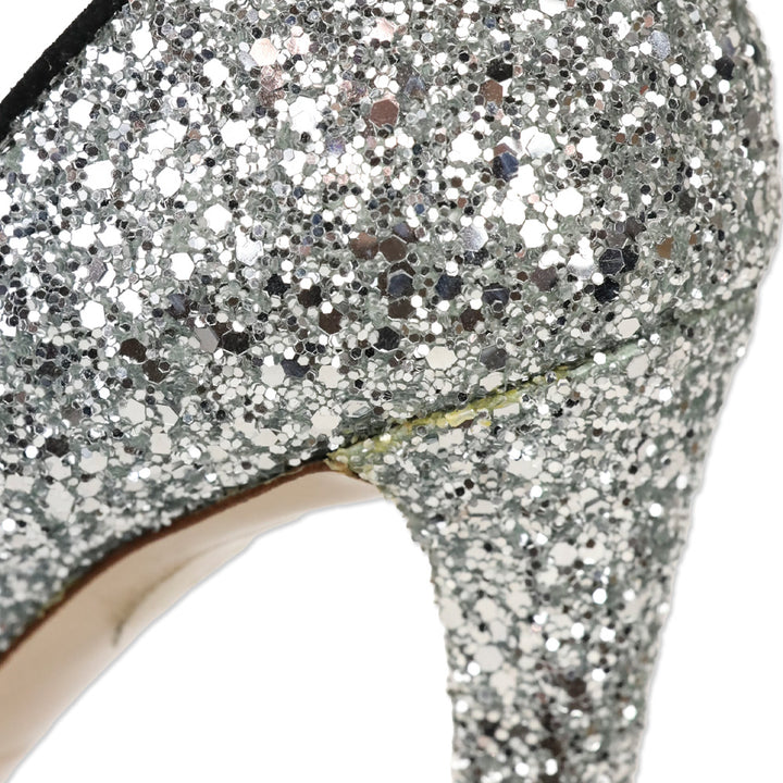 Miu Miu Silver Coarse Glitter/Black Suede Trim Ankle-Strap Sandal