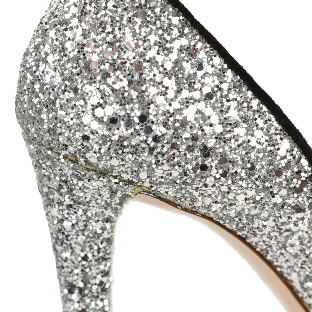 Miu Miu Silver Coarse Glitter/Black Suede Trim Ankle-Strap Sandal