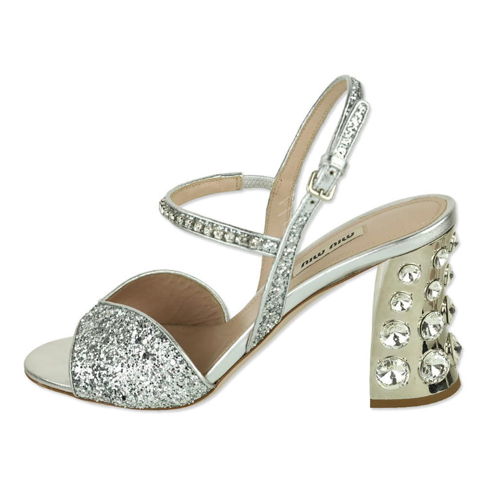 Miu Miu Silver Metallic Leather Glitter Sandals with Crystal-Embellished Block Heel