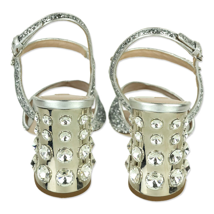 Miu Miu Silver Metallic Leather Glitter Sandals with Crystal-Embellished Block Heel