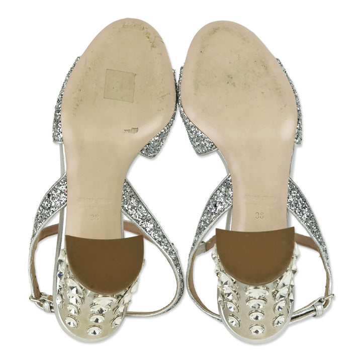 Miu Miu Silver Metallic Leather Glitter Sandals with Crystal-Embellished Block Heel