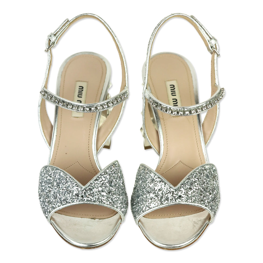 Miu Miu Silver Metallic Leather Glitter Sandals with Crystal-Embellished Block Heel