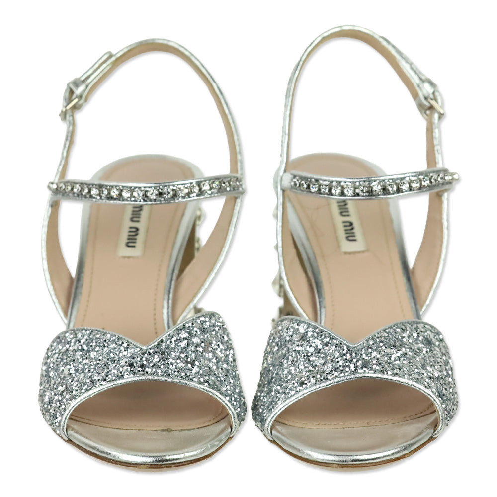 Miu Miu Silver Metallic Leather Glitter Sandals with Crystal-Embellished Block Heel