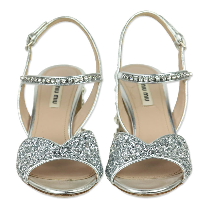 Miu Miu Silver Metallic Leather Glitter Sandals with Crystal-Embellished Block Heel