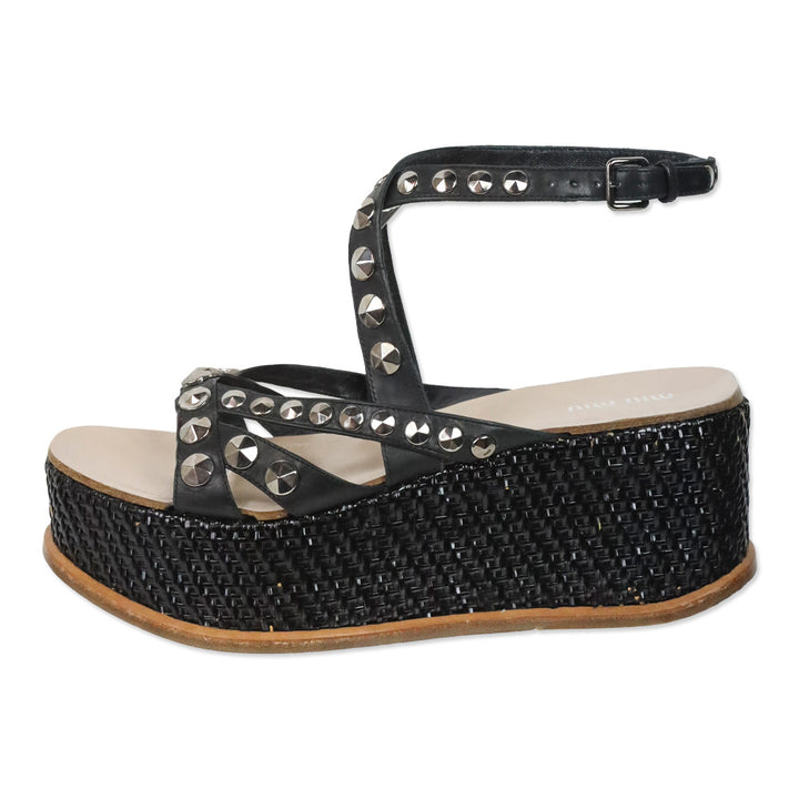 Miu Miu Studded Black Leather Wicker Platform Sandals