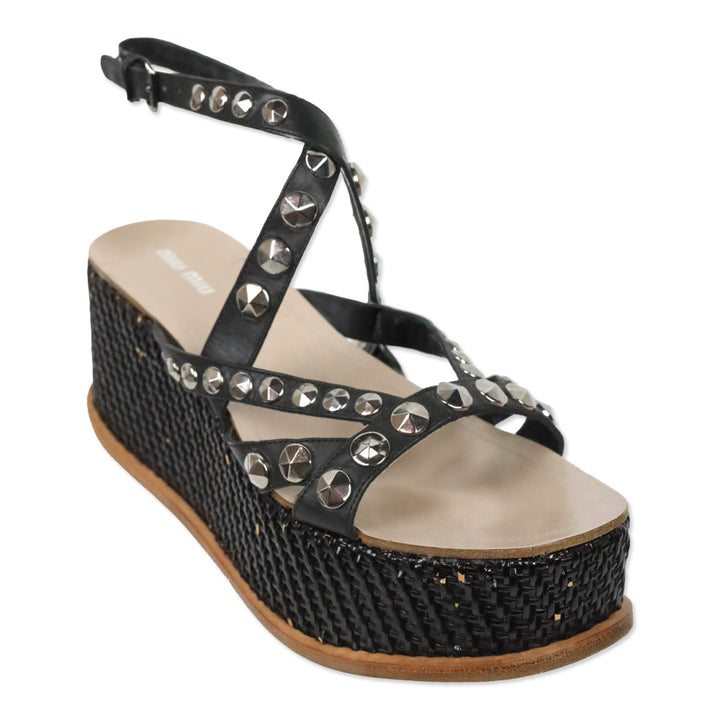 Miu Miu Studded Black Leather Wicker Platform Sandals