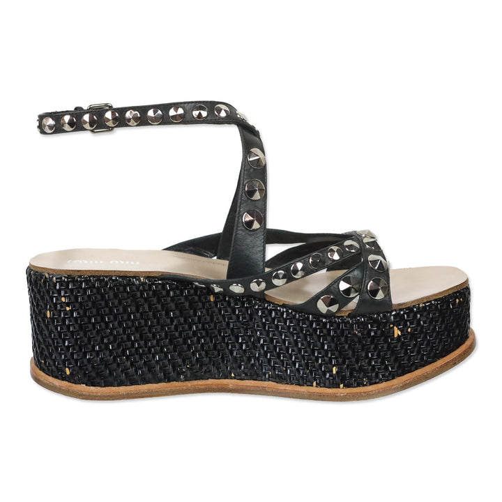 Miu Miu Studded Black Leather Wicker Platform Sandals