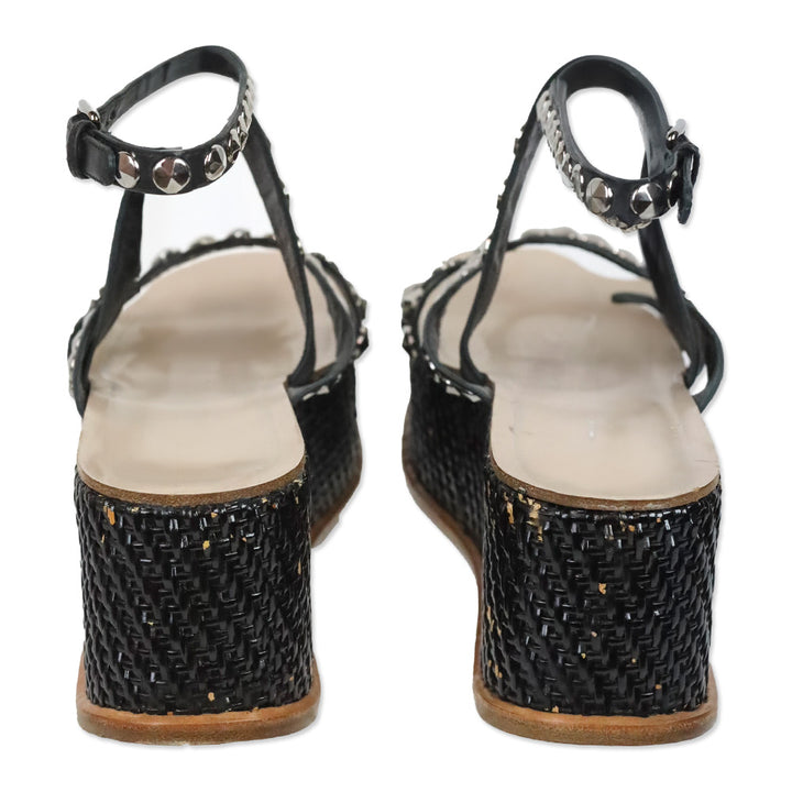 Miu Miu Studded Black Leather Wicker Platform Sandals