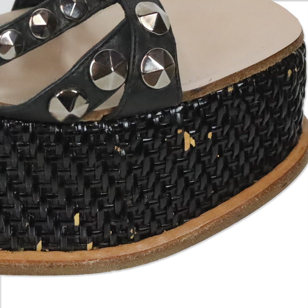 Miu Miu Studded Black Leather Wicker Platform Sandals