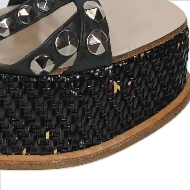 Miu Miu Studded Black Leather Wicker Platform Sandals