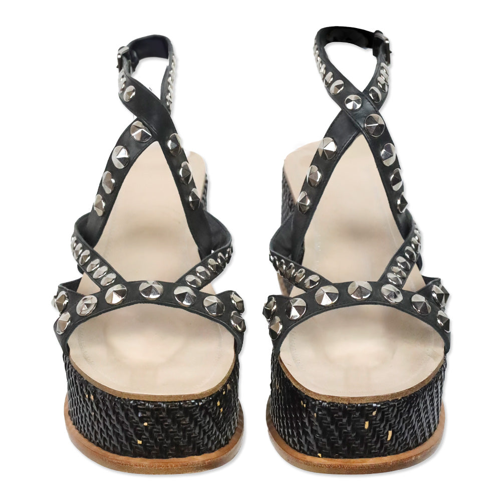 Miu Miu Studded Black Leather Wicker Platform Sandals